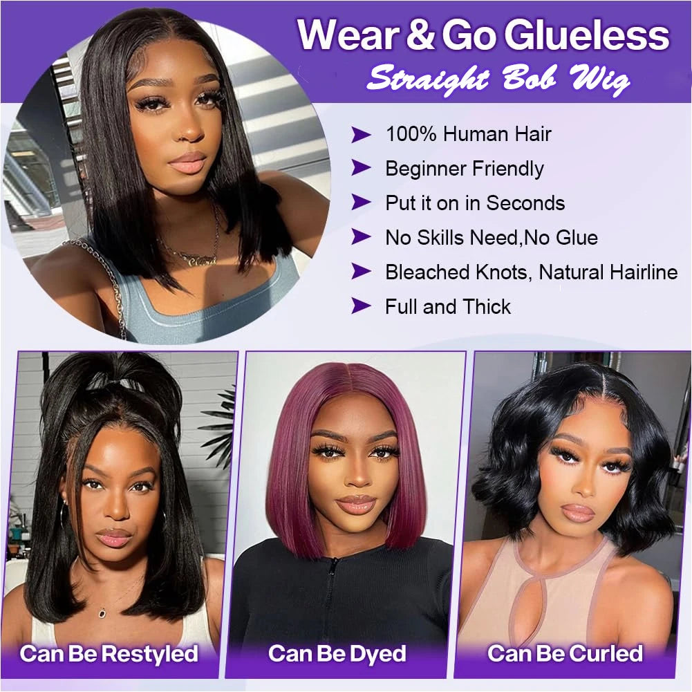 Glueless Bob Wigs Human Hair Ready To Wear Bone Straight Human Hair 100% Short Wigs Pre Cut 4x4 6x4 Lace Closure Wig No Glue Wig