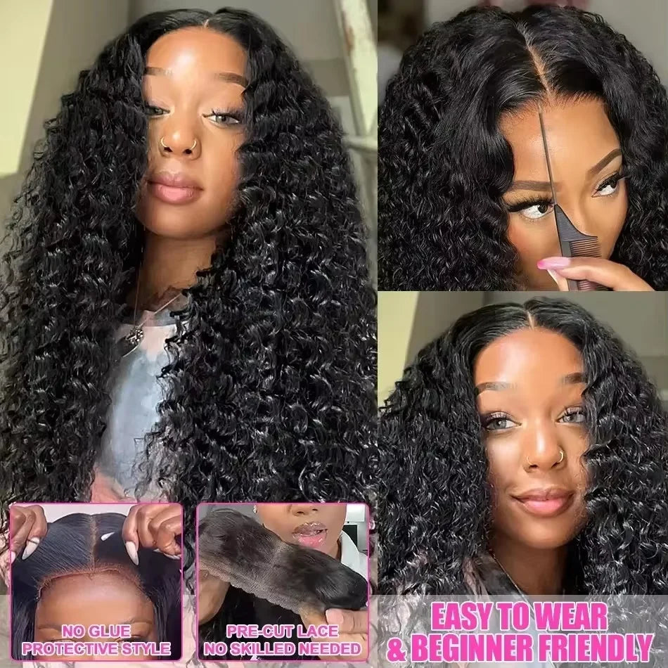 Water Wave Glueless Wig Pre-Cut Lace Wig Pre-Plucked Natural Black Deep Wave Wear & Go Glueless Curly Human Hair Wigs For Women