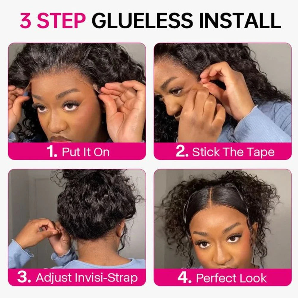 Invisi Strap High Density 360 Full HD Lace Frontal Curly Water Wig Black Human Hair Drawstring Snug 30 inch Water Wig Wear To Go