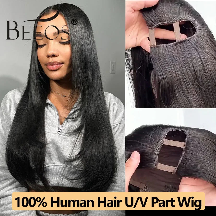 BEEOS U Part Wig 34 inch 100% Wigs Human Hair V Part Bone Straight 250% Density Wigs For Women Brazilian Virgin Hair 34 inch