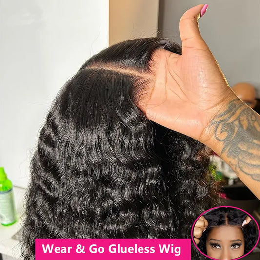 Water Wave Glueless Wig Pre-Cut Lace Wig Pre-Plucked Natural Black Deep Wave Wear & Go Glueless Curly Human Hair Wigs For Women