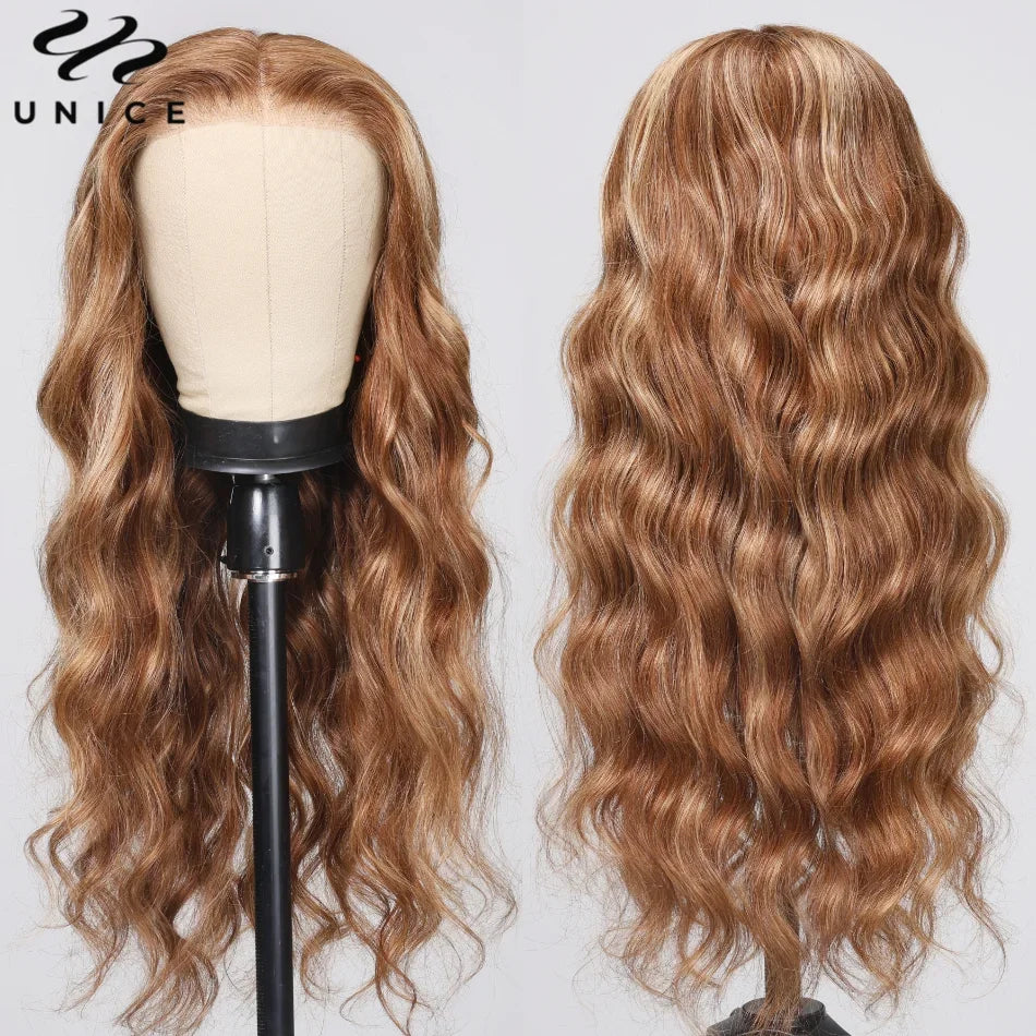 UNice Hair Glueless Wear Go Pre Bleached Knots 7x5 Lace Wig TL412 Brown Blonde Highlight Body Wave Wig Human Hair Lace Front Wig