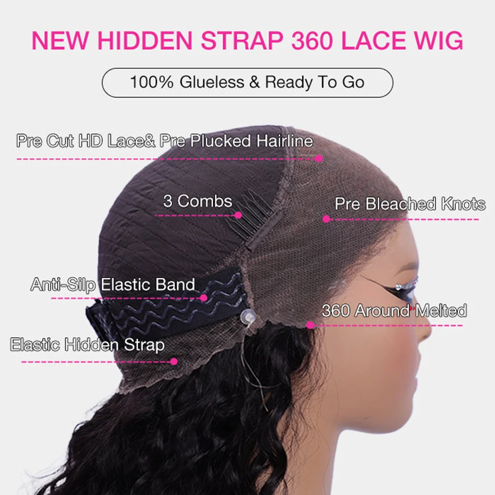 No Glue Upgrade Invisi Strap 360 Full HD Lace Frontal Kinky Curly Wig Black Human Hair 360 Drawstring Deep Water Wigs Glueless