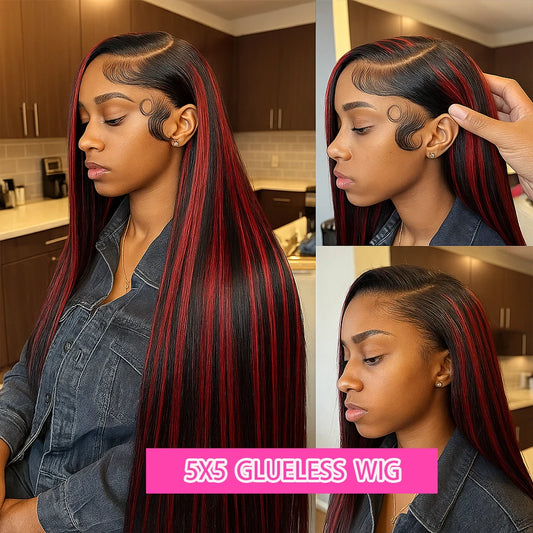 Black With Red Blonde Highlight Bone Straight Wig 5x5 Glueless Wig Human Hair Ombre Burgundy Colored Preplucked Wig Wear and Go
