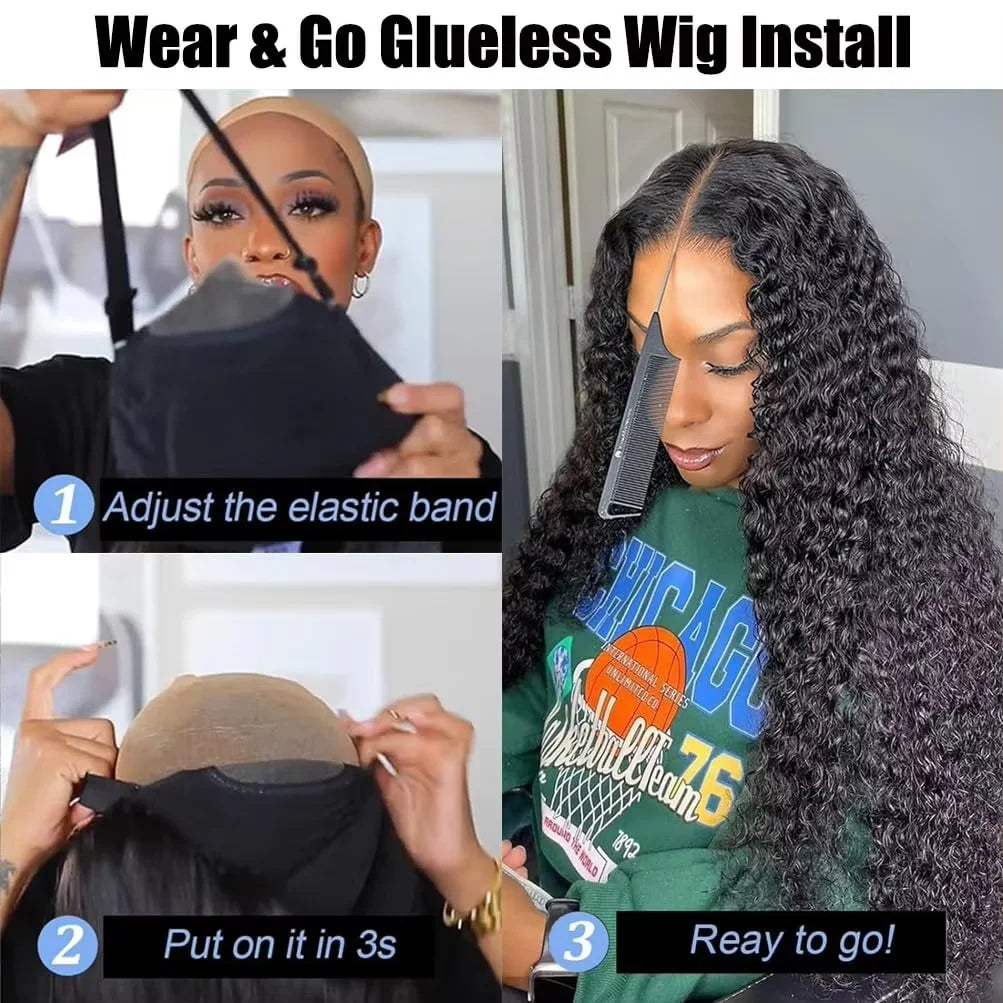 Water Wave Glueless Wig Pre-Cut Lace Wig Pre-Plucked Natural Black Deep Wave Wear & Go Glueless Curly Human Hair Wigs For Women