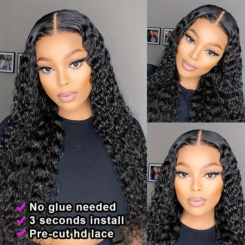 Water Wave Glueless Wig Pre-Cut Lace Wig Pre-Plucked Natural Black Deep Wave Wear & Go Glueless Curly Human Hair Wigs For Women