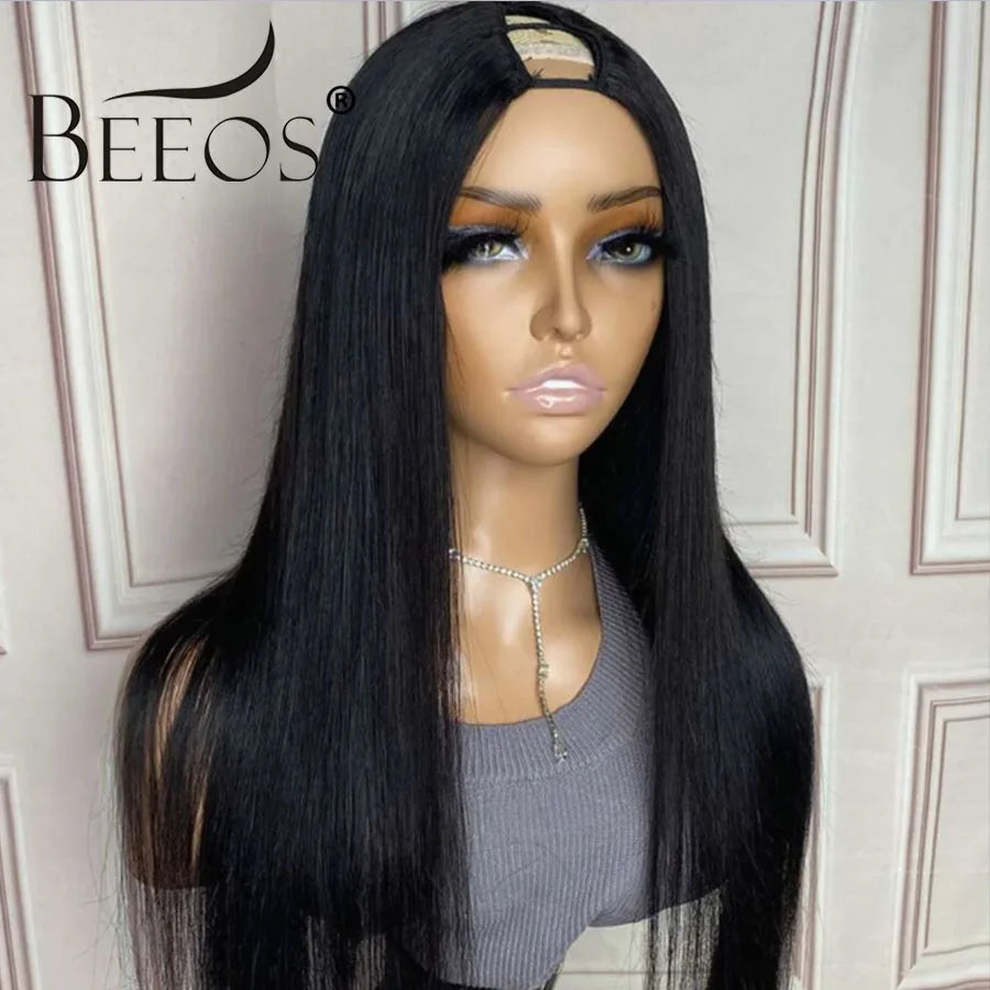 BEEOS U Part Wig 34 inch 100% Wigs Human Hair V Part Bone Straight 250% Density Wigs For Women Brazilian Virgin Hair 34 inch