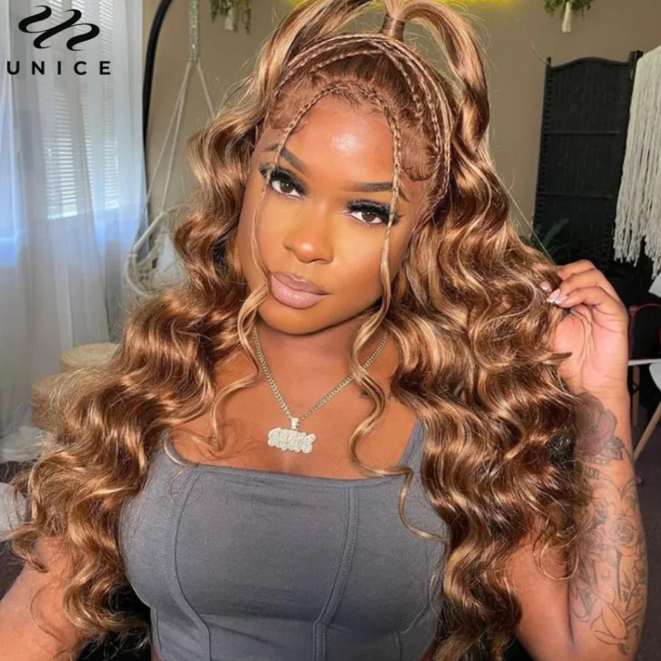 UNice Hair Glueless Wear Go Pre Bleached Knots 7x5 Lace Wig TL412 Brown Blonde Highlight Body Wave Wig Human Hair Lace Front Wig