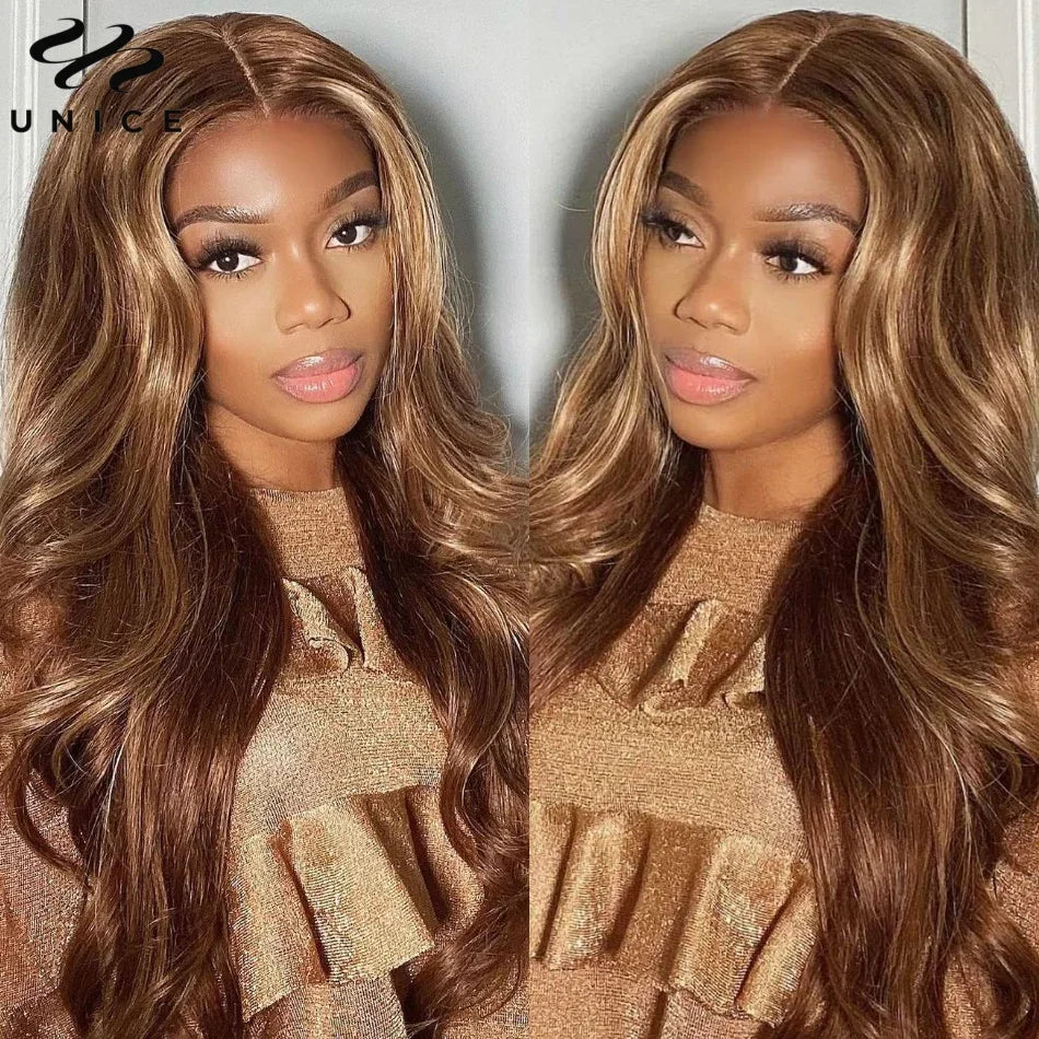 UNice Hair Glueless Wear Go Pre Bleached Knots 7x5 Lace Wig TL412 Brown Blonde Highlight Body Wave Wig Human Hair Lace Front Wig