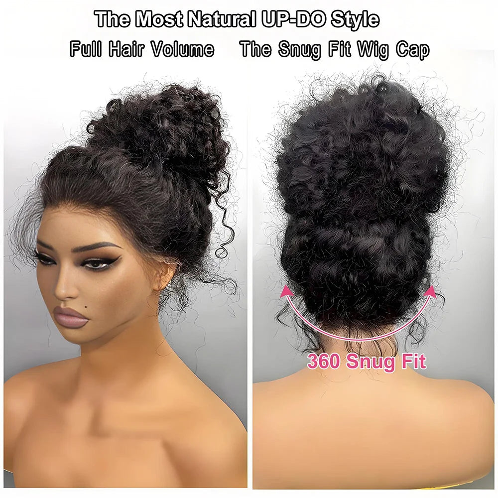 Invisi Strap High Density 360 Full HD Lace Frontal Curly Water Wig Black Human Hair Drawstring Snug 30 inch Water Wig Wear To Go